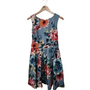 ARANEE Womens Dress Size LARGE Blue Fit Flare Floral Sleeveless Back Tie Zip
